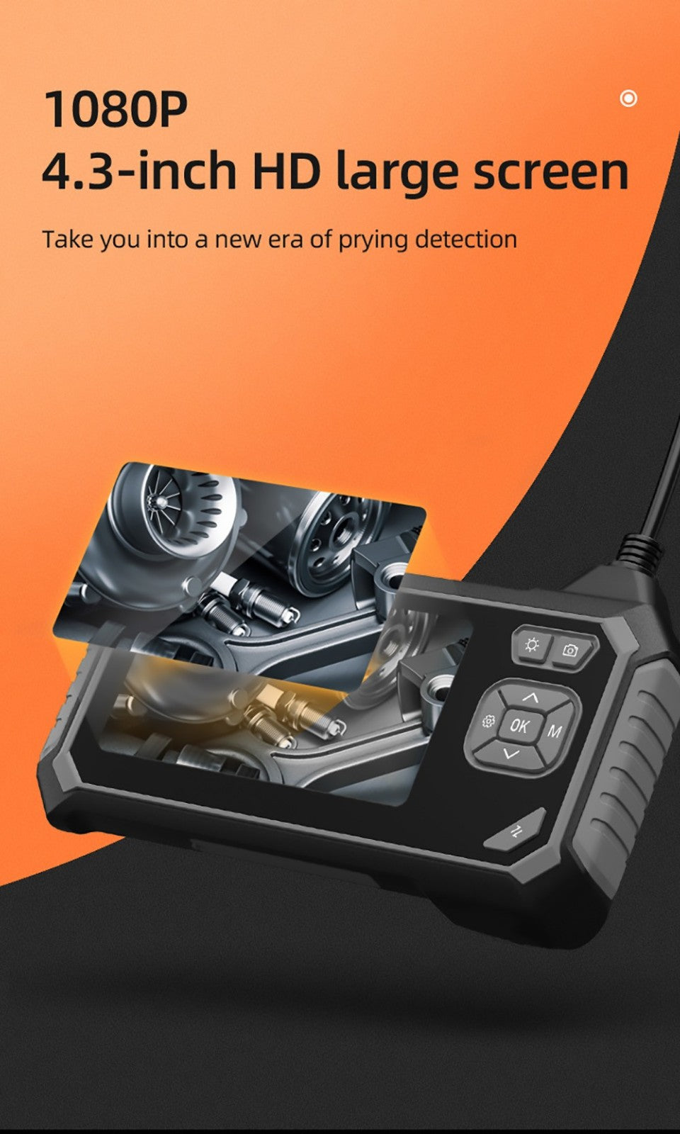 Endoskop ANESOK 113B, 4,3" IPS displej, jeden objektív, rozlíšenie 1080P, 6 nastaviteľných LED svetiel, 3 hodiny prevádzky, vodotesný IP67, 1m kábel - oranžová