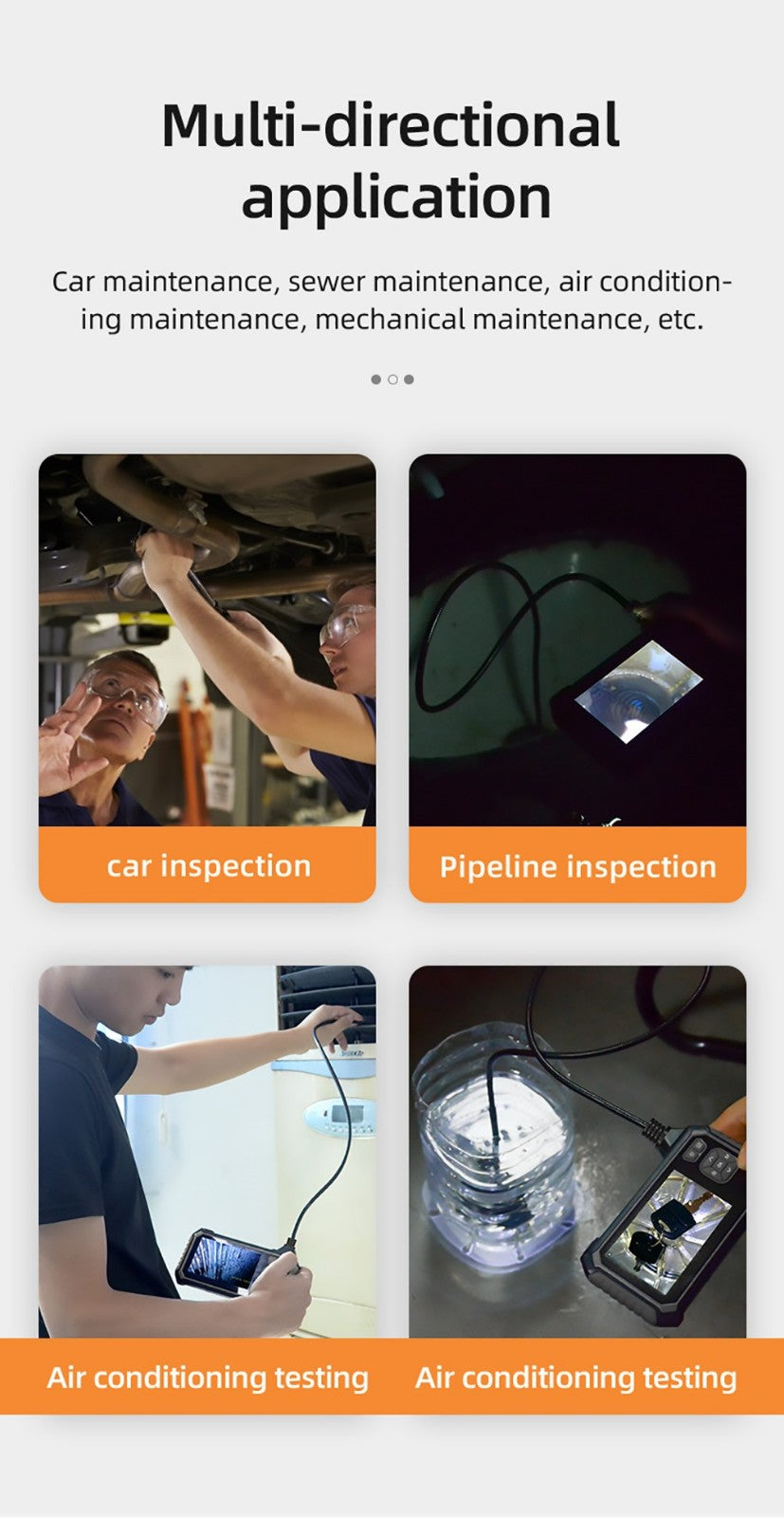 Endoskop ANESOK 113B, 4,3" IPS displej, jeden objektív, rozlíšenie 1080P, 6 nastaviteľných LED svetiel, 3 hodiny prevádzky, vodotesný IP67, 1m kábel - oranžová