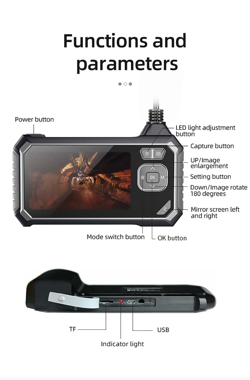 Endoskop ANESOK 113B, 4,3" IPS displej, jeden objektív, rozlíšenie 1080P, 6 nastaviteľných LED svetiel, 3 hodiny prevádzky, vodotesný IP67, 1m kábel - oranžová