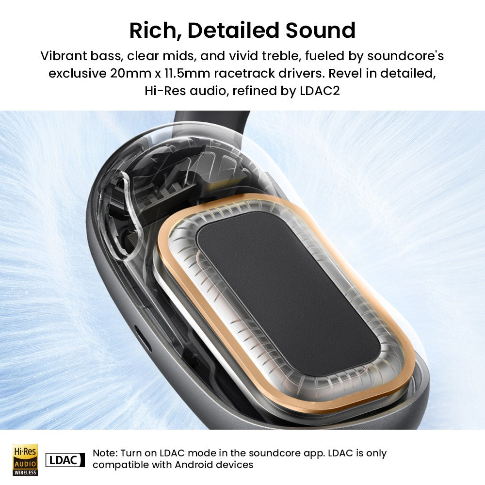 Bezdrôtové náušníky Anker Soundcore AeroFit 2 s otvoreným tvarom, nastaviteľnými háčikmi na uši, Bluetooth 5.4, Hi-Res bezdrôtový zvuk – čierna farba