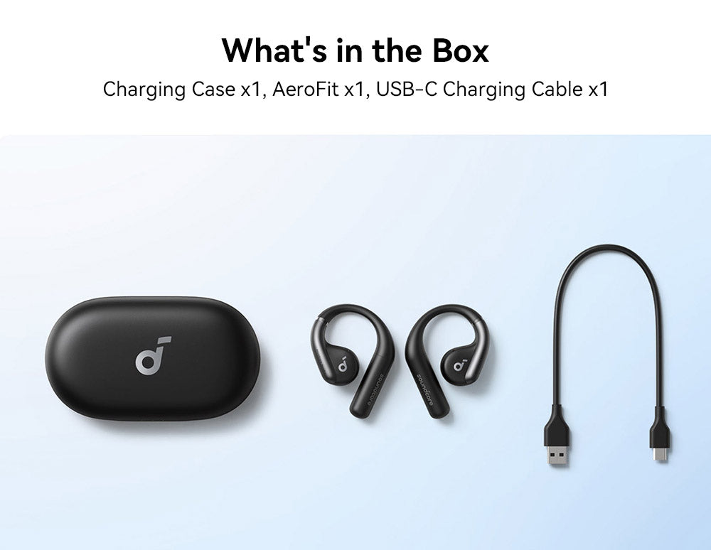 Slúchadlá Anker Soundcore AeroFit s otvoreným náušníkom, ergonomickým háčikom na ucho, vodotesnosťou IPX7, ovládáním cez aplikáciu a výdržou až 42 hodín – modrá