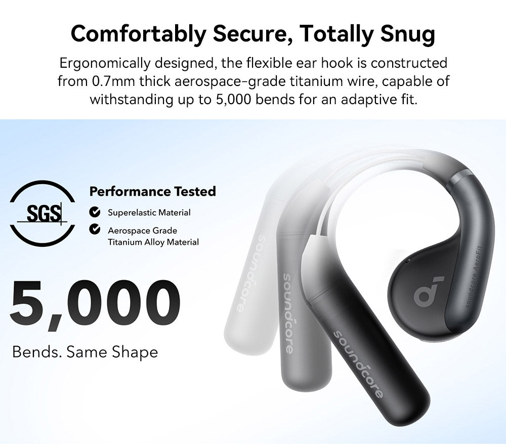 Slúchadlá Anker Soundcore AeroFit s otvorenou konštrukciou, ergonomickým háčikom na ucho, vodotesnosťou IPX7, ovládanie cez aplikáciu, až 42 hodín prehrávania – modrá