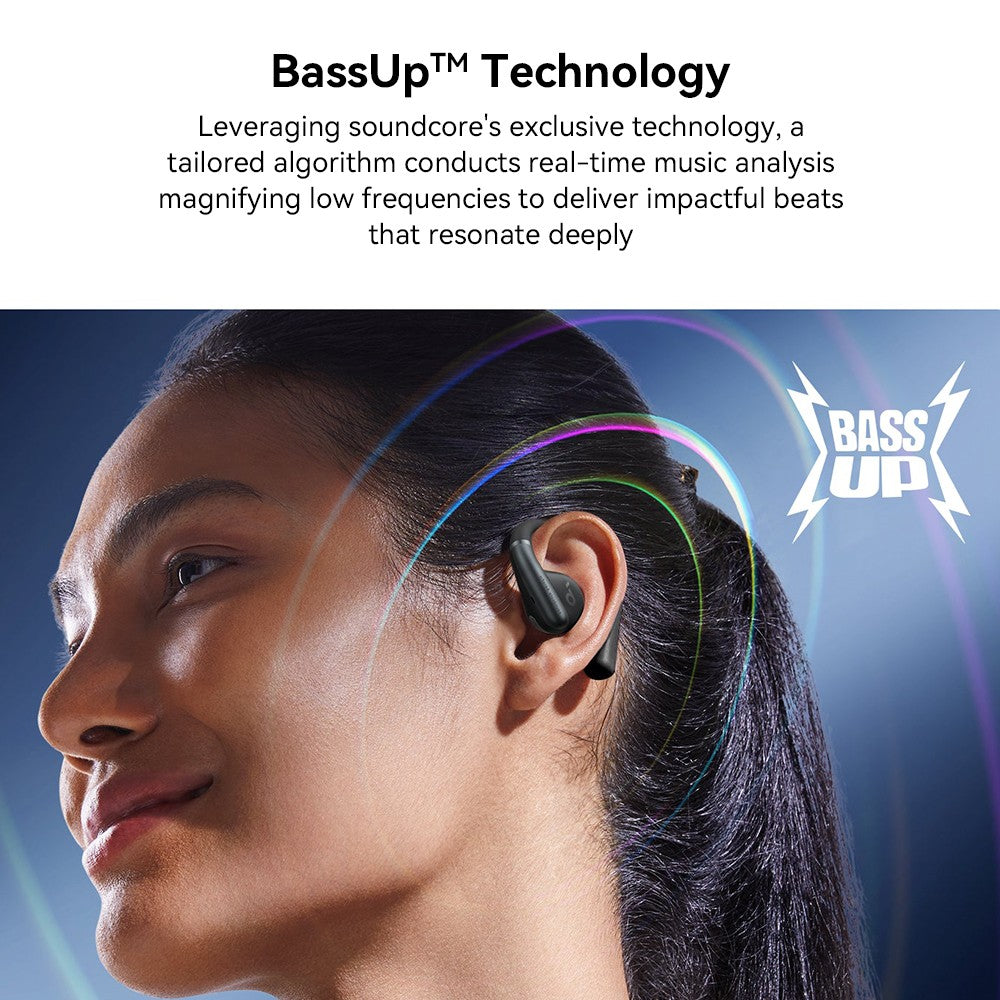 Slúchadlá Anker Soundcore AeroFit s otvorenou konštrukciou, ergonomickým háčikom na ucho, vodotesnosťou IPX7, ovládanie cez aplikáciu, až 42 hodín prehrávania – modrá