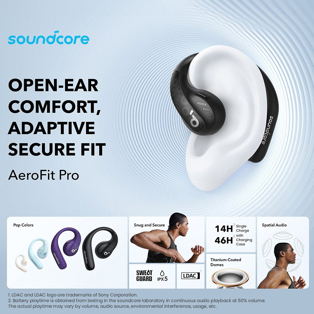 Slúchadlá Anker Soundcore AeroFit Pro s otvorenou konštrukciou, Bluetooth 5.3, výdrž batérie až 46 hodín - čierna
