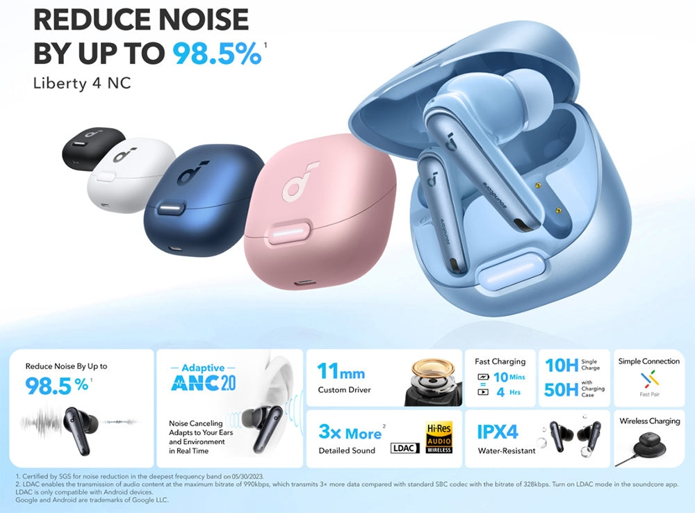 Slúchadlá Soundcore Liberty 4 NC Earbuds TWS, adaptívny potlač hluku ANC 2.0, Bluetooth 5.3, vodoodolnosť IPX4, rýchle nabíjanie – biela