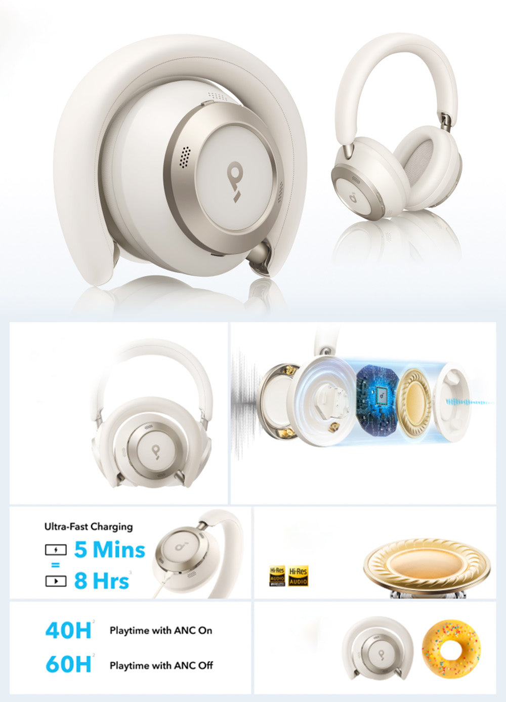 Slúchadlá Anker Soundcore Space One Pro, adaptívne potlačenie hluku (ANC), 40 hodín prevádzky (ANC zapnuté), bezdrôtový zvuk s vysokým rozlíšením, ultrarychlé nabíjanie – čierna