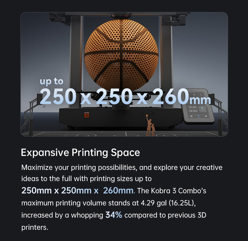 3D tlačiareň ANYCUBIC KOBRA 3 COMBO, s ACE Pro, maximálna rýchlosť 600 mm/s, dvojitý PTC vykurovovací systém, inteligentný viacfarebný tlač, automatické vyrovnanie, detekcia upchatia trysky, rozmer 250x250x260 mm