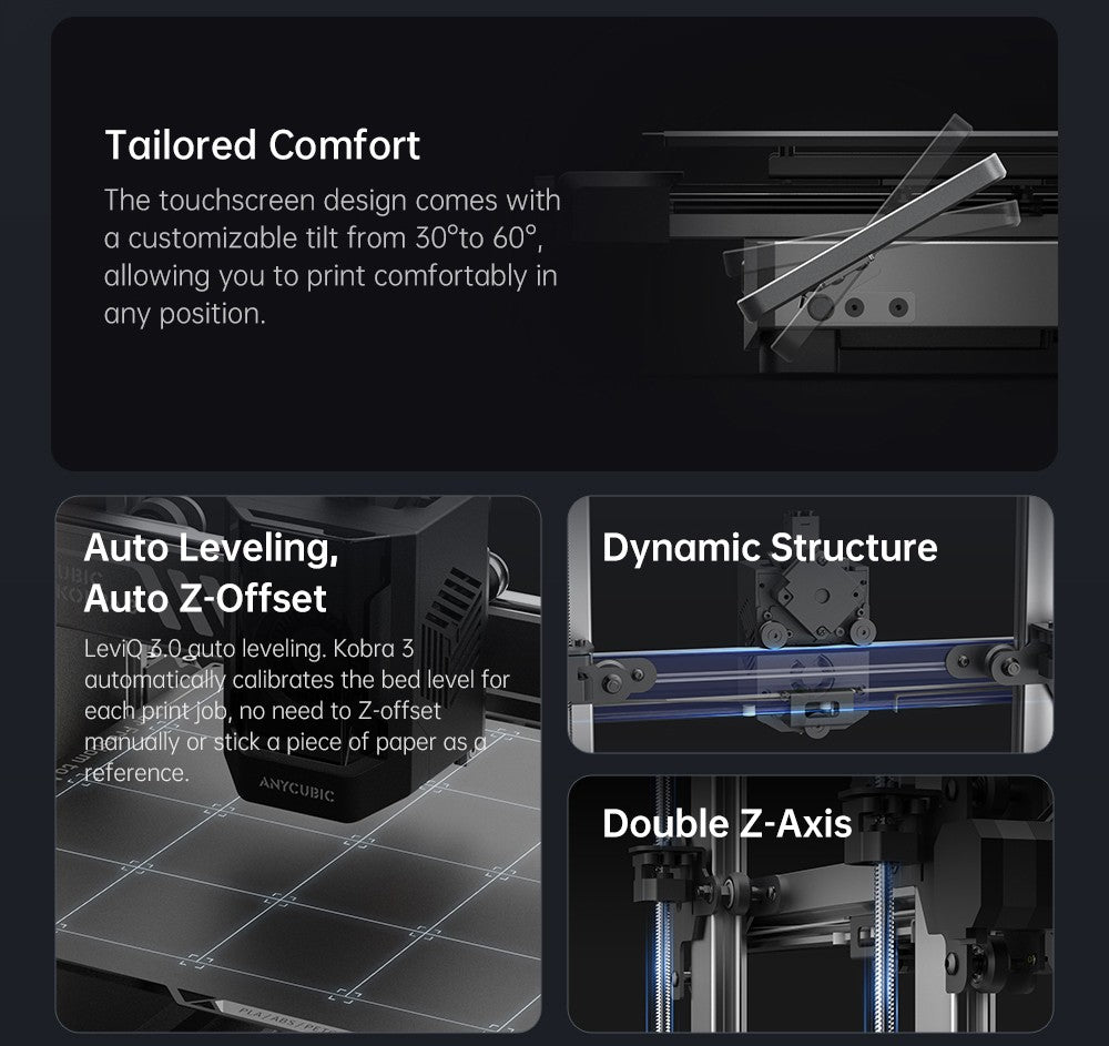 3D tlačiareň ANYCUBIC KOBRA 3 COMBO, s ACE Pro, maximálna rýchlosť 600 mm/s, dvojitý PTC vykurovovací systém, inteligentný viacfarebný tlač, automatické vyrovnanie, detekcia upchatia trysky, rozmer 250x250x260 mm