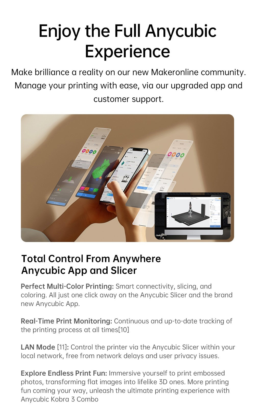 3D tlačiareň ANYCUBIC KOBRA 3 COMBO, s ACE Pro, maximálna rýchlosť 600 mm/s, dvojitý PTC vykurovovací systém, inteligentný viacfarebný tlač, automatické vyrovnanie, detekcia upchatia trysky, rozmer 250x250x260 mm