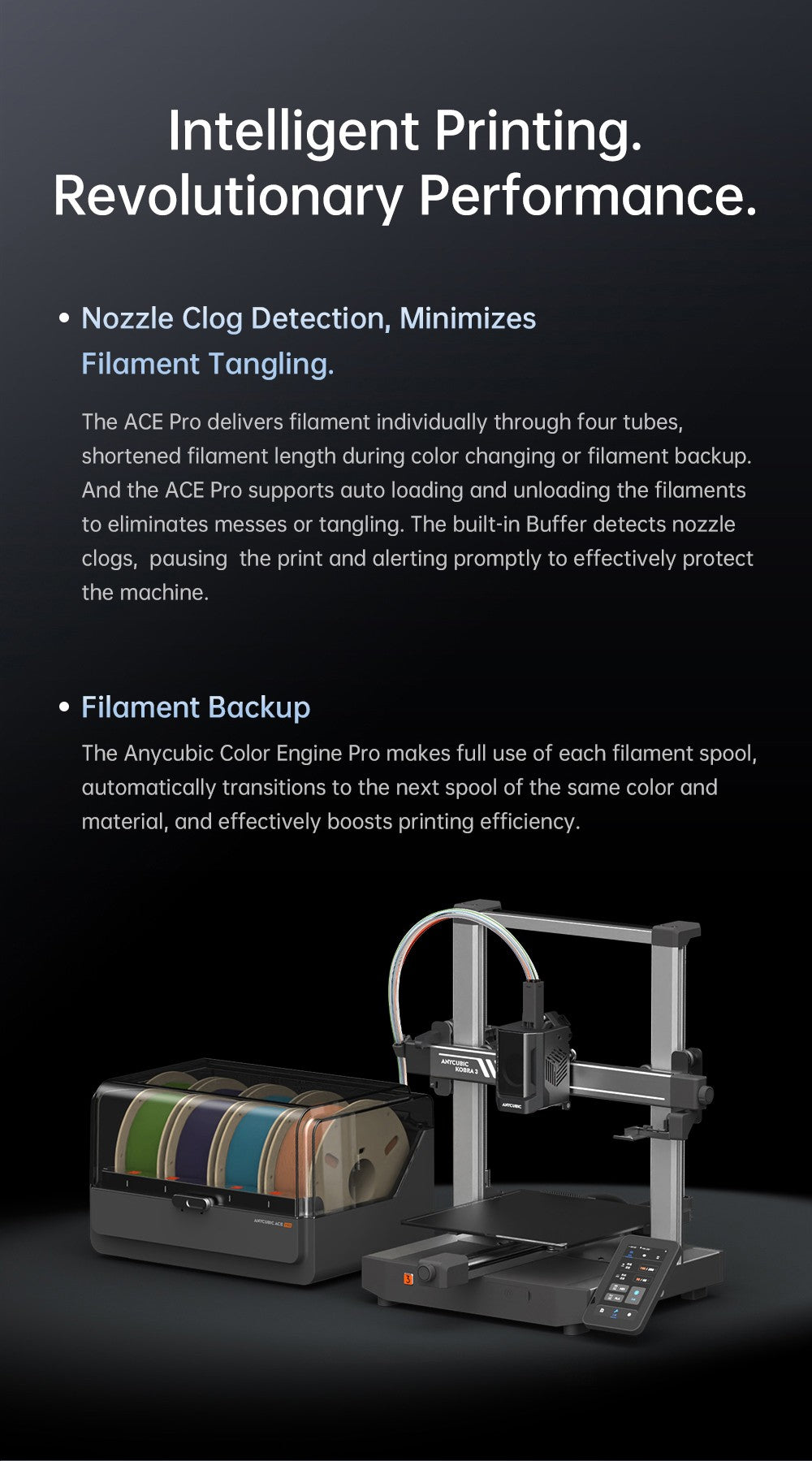 3D tlačiareň ANYCUBIC KOBRA 3 COMBO, s ACE Pro, maximálna rýchlosť 600 mm/s, dvojitý PTC vykurovovací systém, inteligentný viacfarebný tlač, automatické vyrovnanie, detekcia upchatia trysky, rozmer 250x250x260 mm