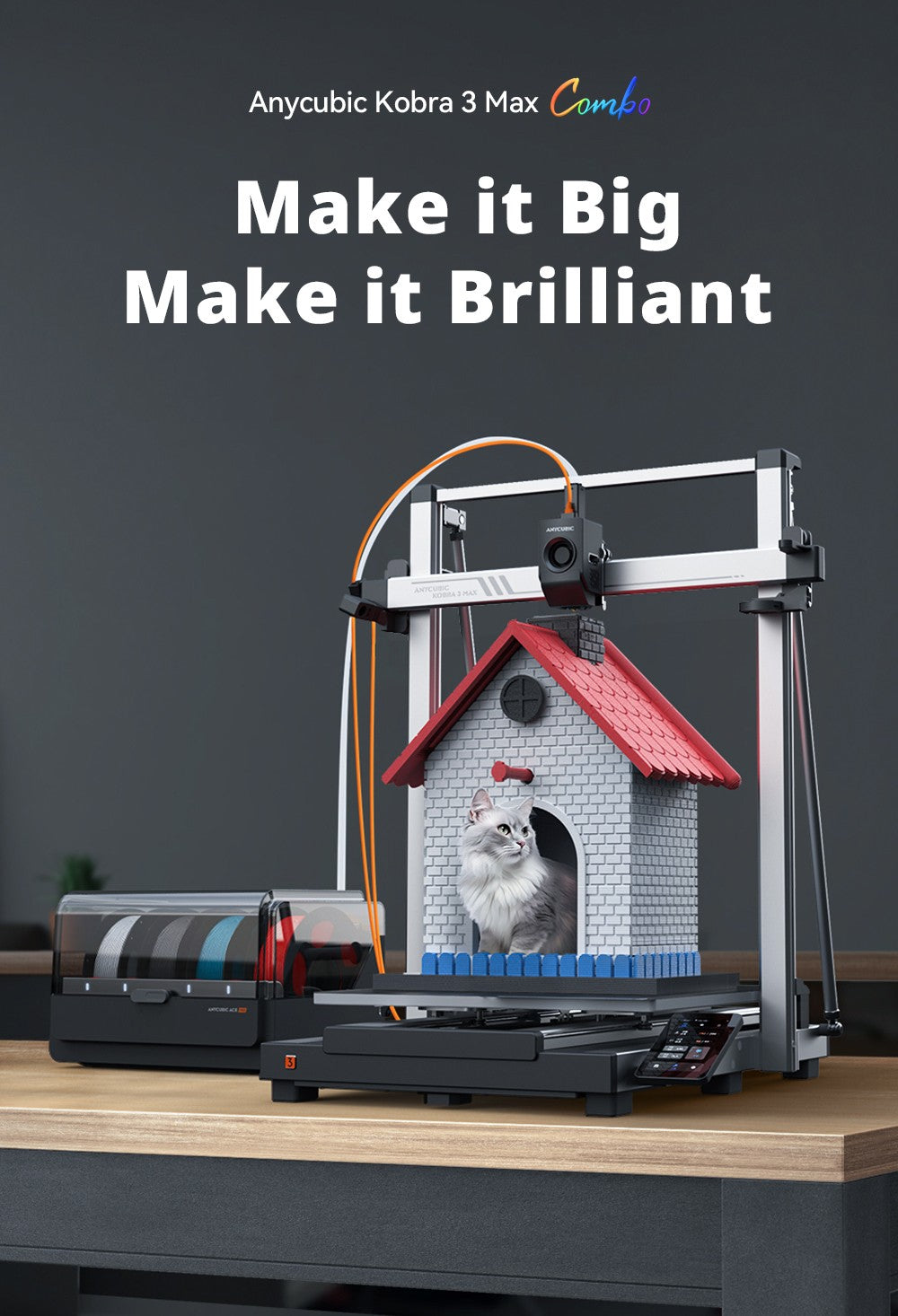 3D tlačiareň Anycubic Kobra 3 Max Combo, tlač až 8 farbami, farebný motor ACE Pro, vysoká tlačová rýchlosť 600 mm/s, automatické vyrovnanie a ochrana proti strate krokov, 420*420*500 mm