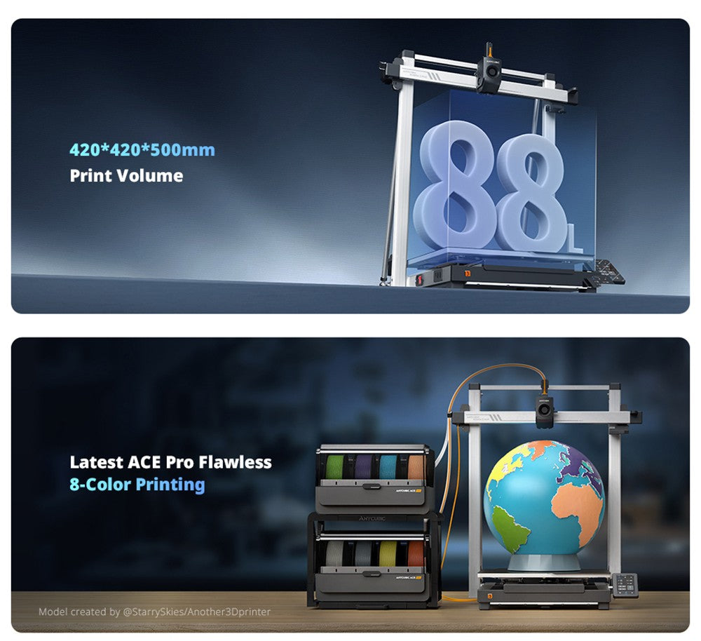 3D tlačiareň Anycubic Kobra 3 Max Combo, tlač až 8 farbami, farebný motor ACE Pro, vysoká tlačová rýchlosť 600 mm/s, automatické vyrovnanie a ochrana proti strate krokov, 420*420*500 mm