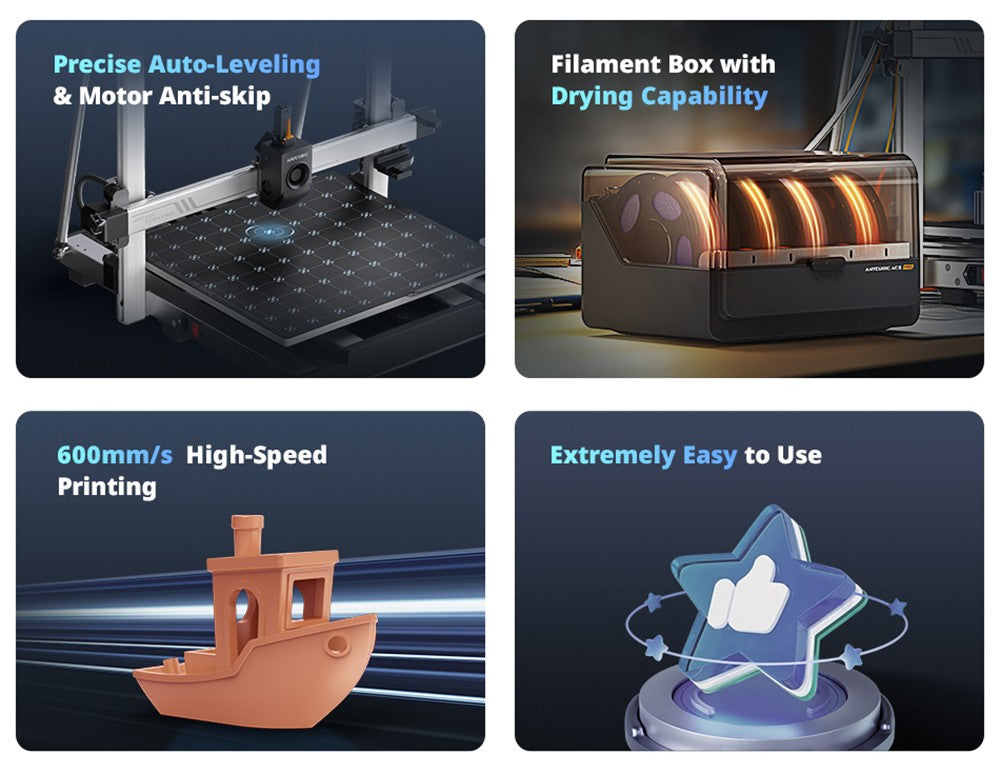 3D tlačiareň Anycubic Kobra 3 Max Combo, tlač až 8 farbami, farebný motor ACE Pro, vysoká tlačová rýchlosť 600 mm/s, automatické vyrovnanie a ochrana proti strate krokov, 420*420*500 mm