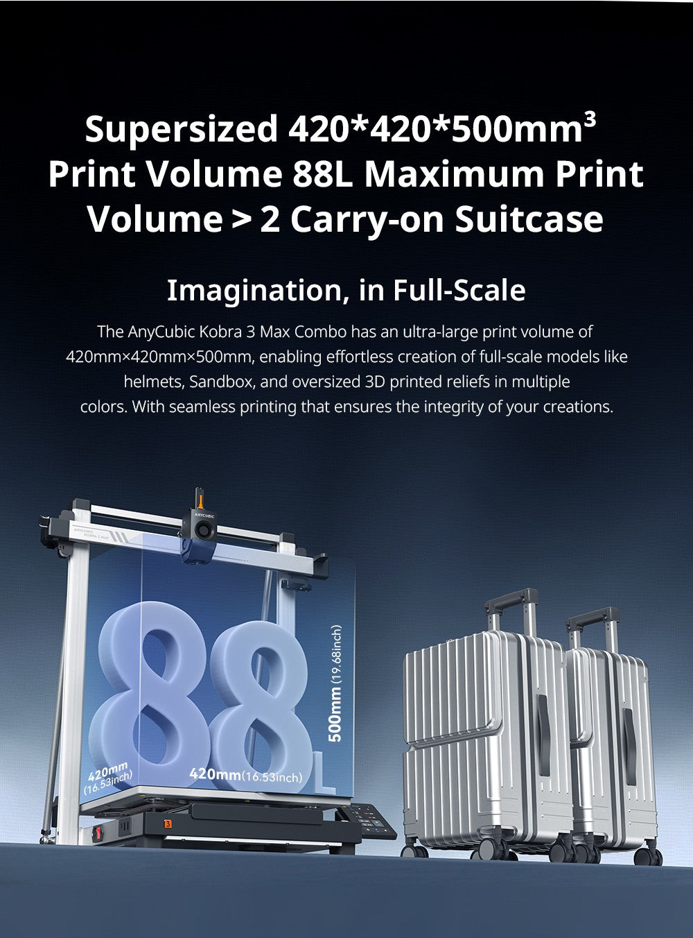 3D tlačiareň Anycubic Kobra 3 Max Combo, tlač až 8 farbami, farebný motor ACE Pro, vysoká tlačová rýchlosť 600 mm/s, automatické vyrovnanie a ochrana proti strate krokov, 420*420*500 mm
