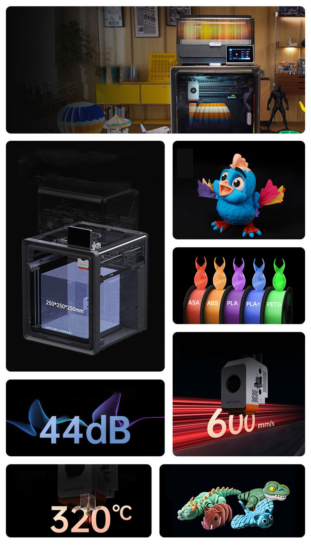 3D tlačiareň ANYCUBIC KOBRA S1 COMBO, živý 8-farebný tlač, ultra vysoká rýchlosť 600 mm/s, automatické vyrovnanie, 320 °C hlavička, ultra tichý chod 44 dB, konštrukcia CoreXY, 250*250*250 mm