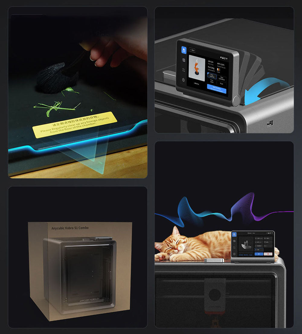 3D tlačiareň ANYCUBIC KOBRA S1 COMBO, živý 8-farebný tlač, ultra vysoká rýchlosť 600 mm/s, automatické vyrovnanie, 320 °C výhrevná hlava, ultra tichý chod 44 dB, konštrukcia CoreXY, 250*250*250 mm