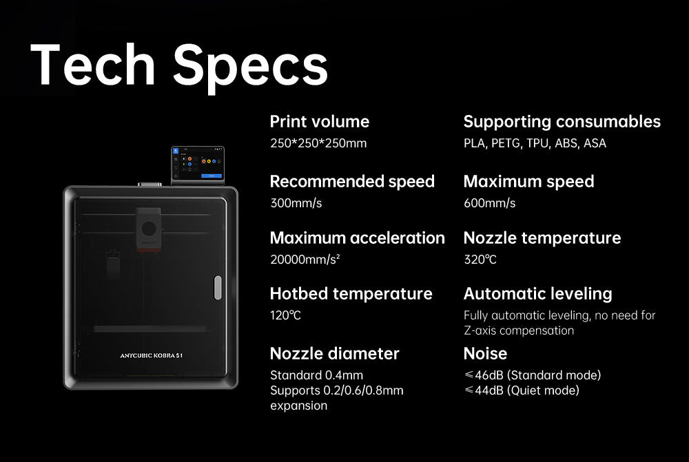 3D tlačiareň ANYCUBIC KOBRA S1 COMBO, živý 8-farebný tlač, ultra vysoká rýchlosť 600 mm/s, automatické vyrovnanie, 320 °C hlavička, ultra tichý chod 44 dB, konštrukcia CoreXY, 250*250*250 mm