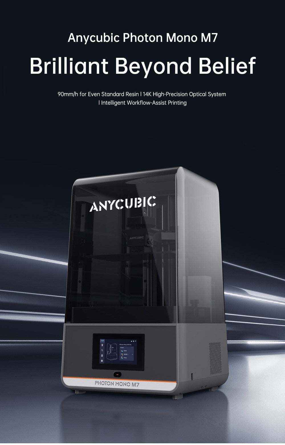 Anycubic Photon Mono M7 živicový 3D tlačiar, tlačová rýchlosť 90 mm/h, 14K COB zdroj, 10,1 palcový Mono LCD, dynamické vypínanie svetla, bez nutnosti vyrovnania, 223*126*230 mm