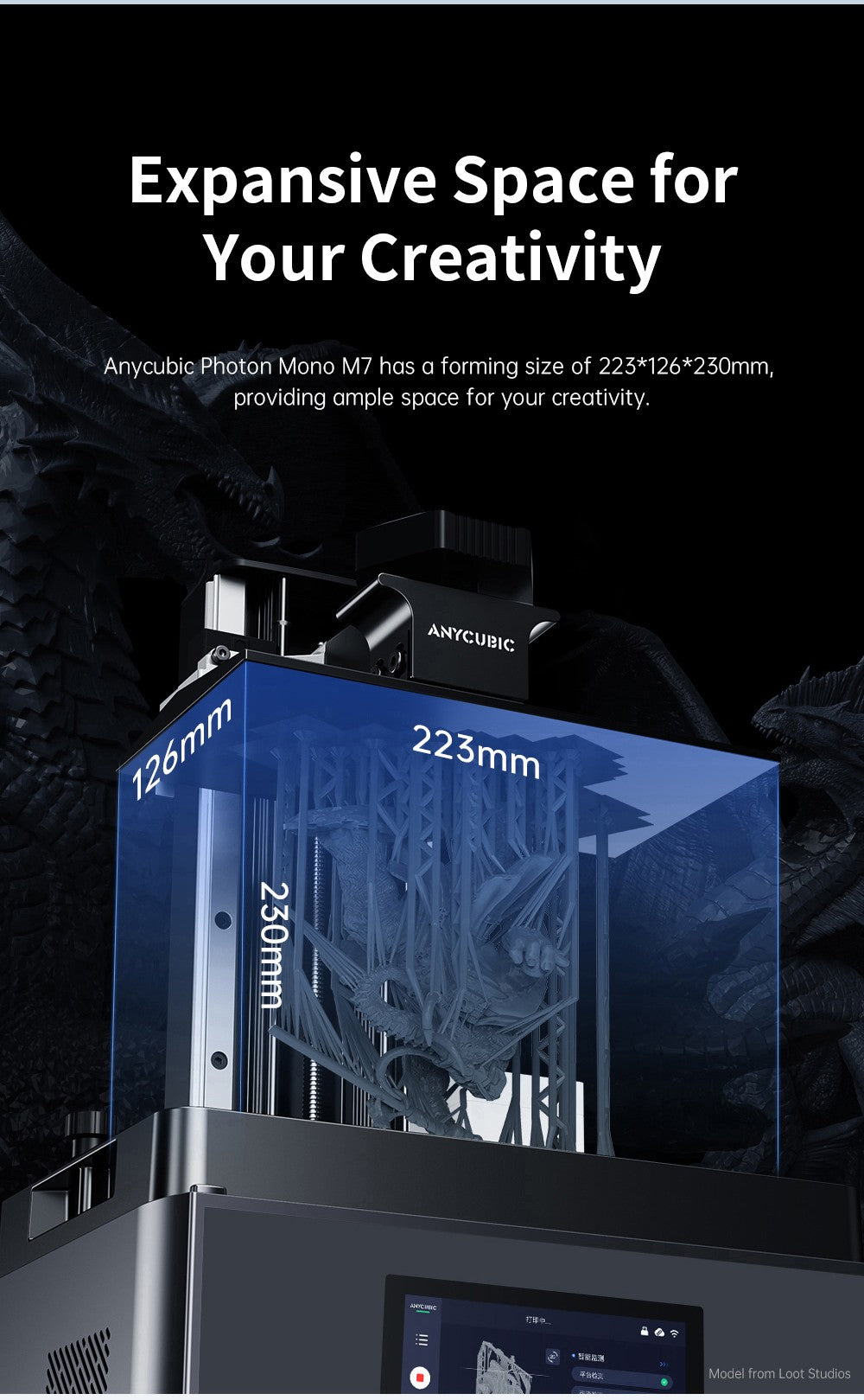 Anycubic Photon Mono M7 živicový 3D tlačiar, tlačová rýchlosť 90 mm/h, 14K COB zdroj, 10,1 palcový Mono LCD, dynamické vypínanie svetla, bez nutnosti vyrovnania, 223*126*230 mm