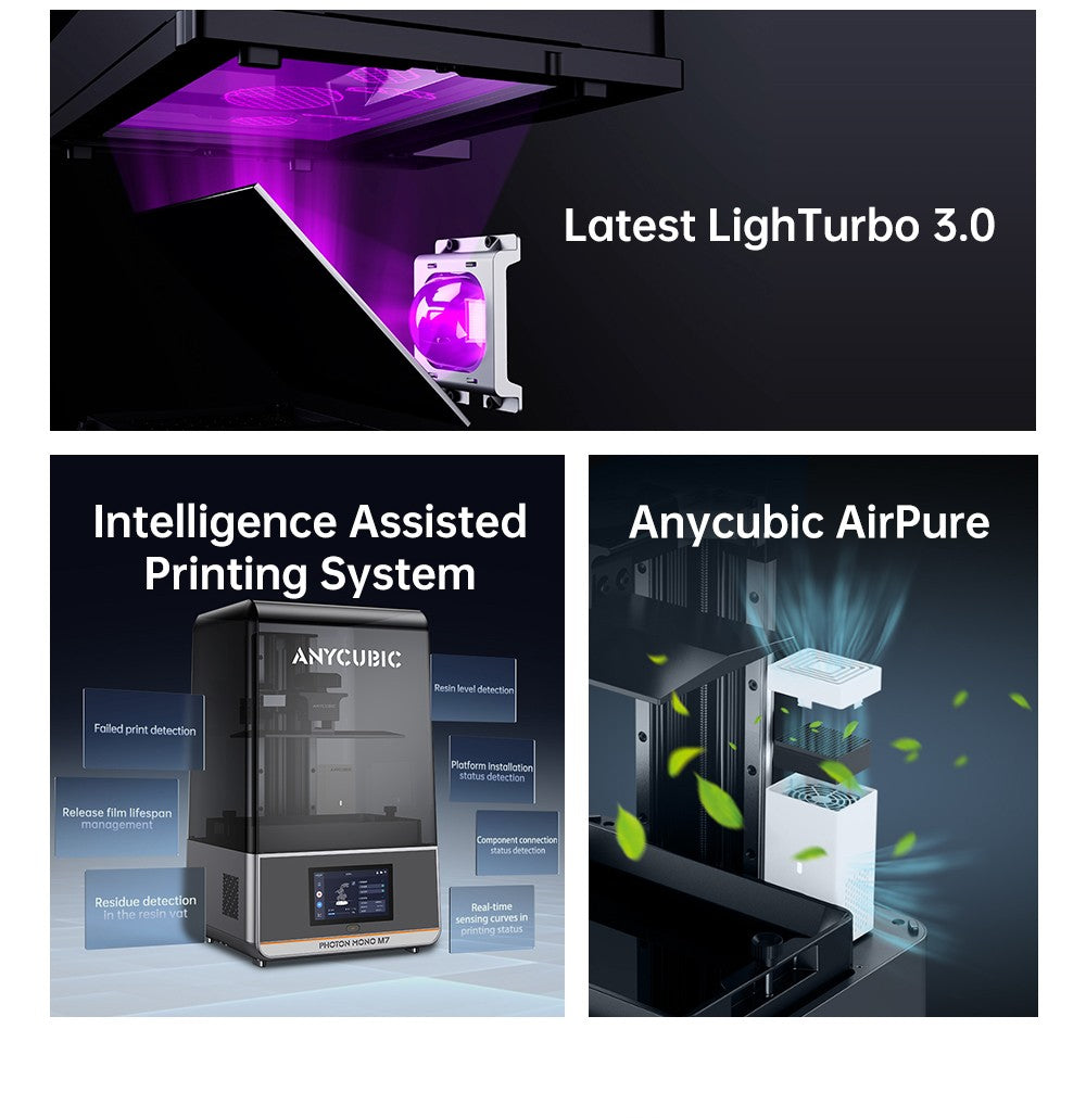 Anycubic Photon Mono M7 živicový 3D tlačiar, tlačová rýchlosť 90 mm/h, 14K COB zdroj, 10,1 palcový Mono LCD, dynamické vypínanie svetla, bez potreby vyrovnania, 223*126*230 mm