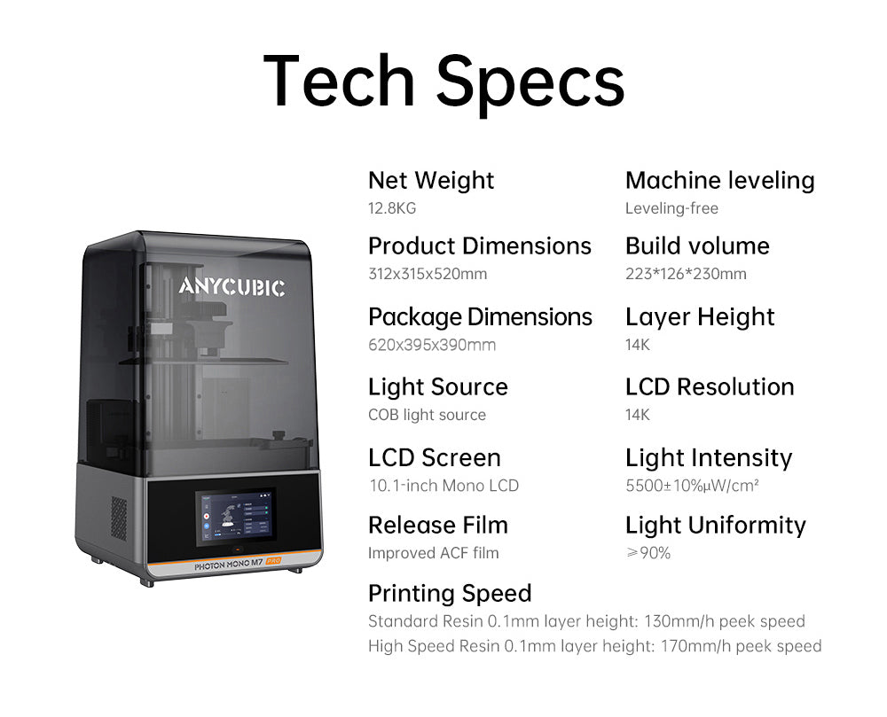 Anycubic Photon Mono M7 Pro živicová 3D tlačiareň, výška vrstvy 0,1 mm, rýchlosť tlače 170 mm/h, 14K COB LighTurbo 3.0 zdroj svetla, 10,1