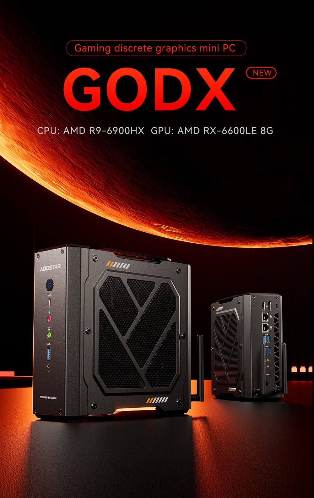 AOOSTAR GODX herný mini PC s dedikovanou GPU, procesor AMD Ryzen 9 6900HX s 8 jadierami a taktom 4,9 GHz, grafická karta AMD Radeon RX 6600LE s 8 GB pamäte a 128-bitovým rozhraním, 32 GB RAM, 1 TB SSD, WiFi6, 2x 2,5G LAN, 5x USB3.2, 1x USB4, 1x Type-C, 1x DP, 1x HDMI, 2x konektor pre slúchadlá, 2x konektor pre mikrofón - EU zástrčka