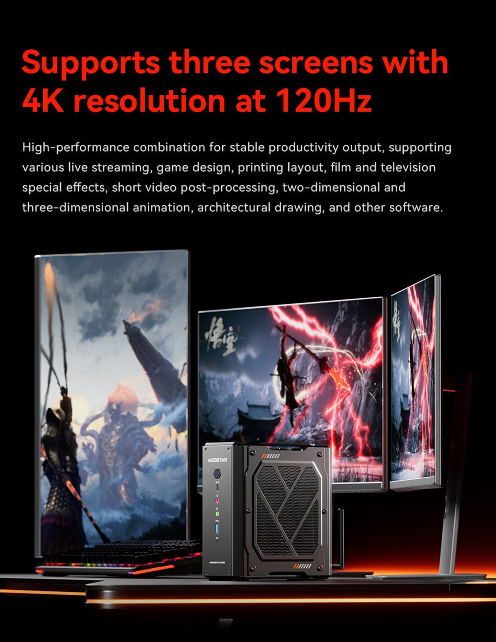 AOOSTAR GODX herný mini PC s dedikovanou GPU, procesor AMD Ryzen 9 6900HX s 8 jadierami a frekvenciou 4,9 GHz, grafická karta AMD Radeon RX 6600LE s 8 GB pamäte a 128-bitovým rozhraním, 32 GB RAM, 1 TB SSD, WiFi6, 2x 2,5G LAN, 5x USB3.2, 1x USB4, 1x Type-C, 1x DP, 1x HDMI, 2x konektor pre slúchadlá, 2x konektor pre mikrofón - EU zástrčka