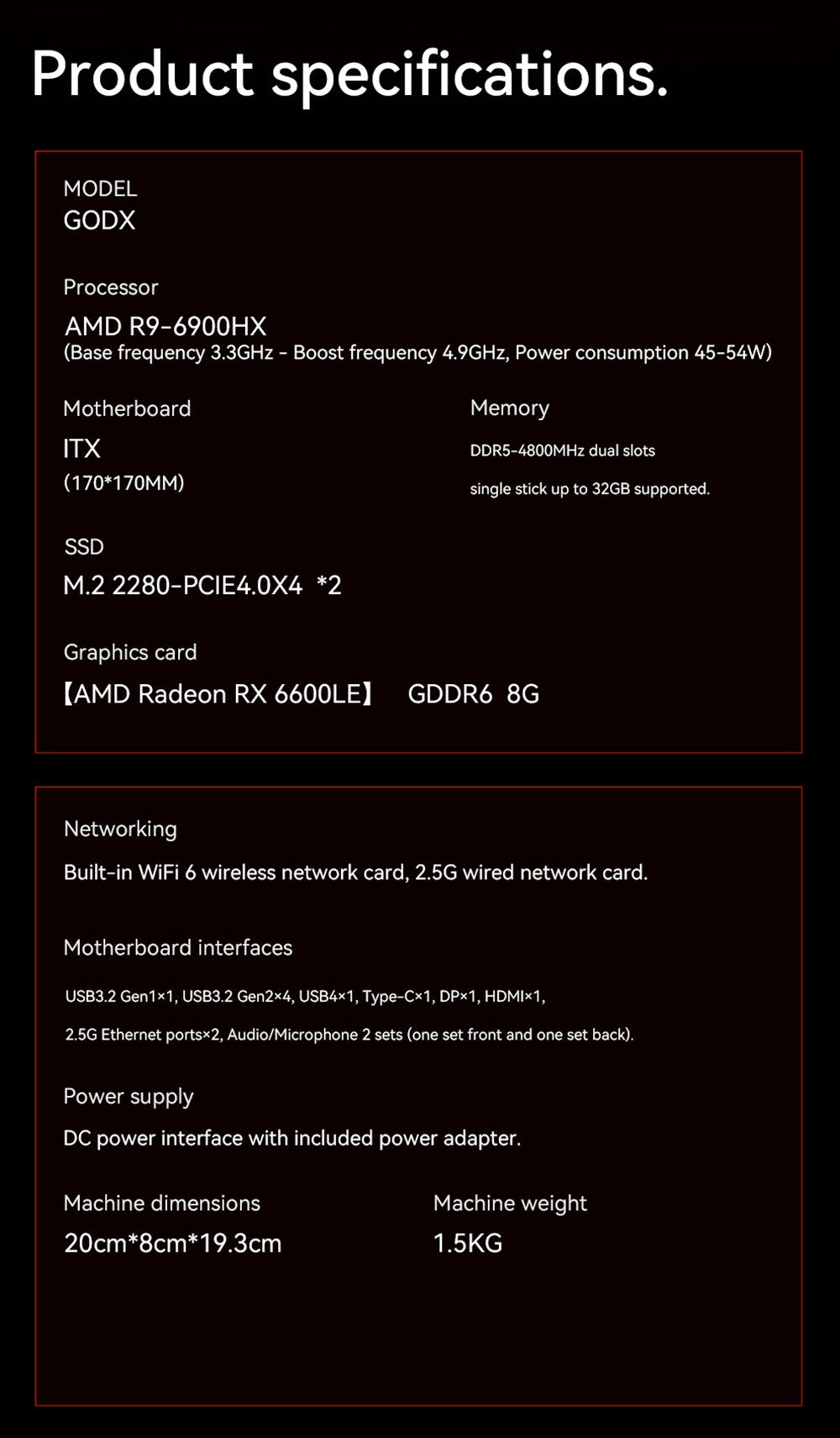 AOOSTAR GODX herný mini PC s dedikovanou GPU, procesor AMD Ryzen 9 6900HX s 8 jadierami a frekvenciou 4,9 GHz, grafická karta AMD Radeon RX 6600LE s 8 GB pamäte a 128-bitovým rozhraním, 32 GB RAM, 1 TB SSD, WiFi6, 2x 2,5G LAN, 5x USB3.2, 1x USB4, 1x Type-C, 1x DP, 1x HDMI, 2x konektor pre slúchadlá, 2x konektor pre mikrofón - EU zástrčka