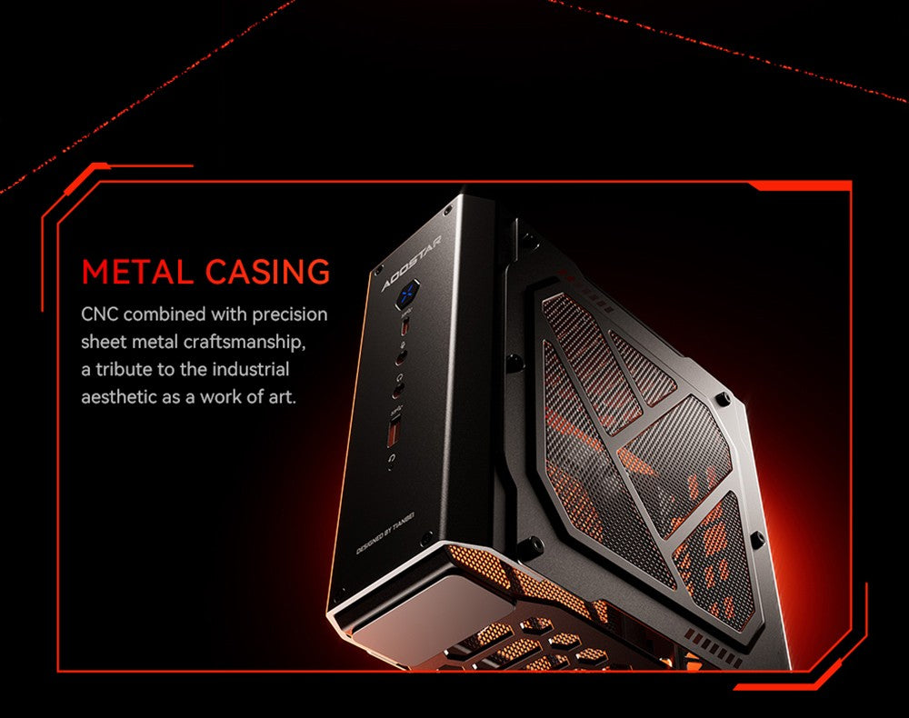 AOOSTAR GODX herný mini PC s dedikovanou GPU, procesor AMD Ryzen 9 6900HX s 8 jadierami a frekvenciou 4,9 GHz, grafická karta AMD Radeon RX 6600LE s 8 GB pamäte a 128-bitovým rozhraním, 32 GB RAM, 1 TB SSD, WiFi6, 2x 2,5G LAN, 5x USB3.2, 1x USB4, 1x Type-C, 1x DP, 1x HDMI, 2x konektor pre slúchadlá, 2x konektor pre mikrofón - EU zástrčka