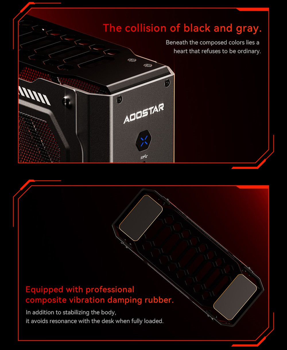 AOOSTAR GODX herný mini PC s dedikovanou GPU, procesor AMD Ryzen 9 6900HX s 8 jadierami a frekvenciou 4,9 GHz, grafická karta AMD Radeon RX 6600LE s 8 GB pamäte a 128-bitovým rozhraním, 32 GB RAM, 1 TB SSD, WiFi6, 2x 2,5G LAN, 5x USB3.2, 1x USB4, 1x Type-C, 1x DP, 1x HDMI, 2x konektor pre slúchadlá, 2x konektor pre mikrofón - EU zástrčka