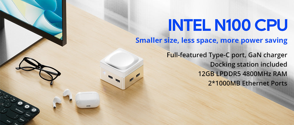 AOOSTAR T8 Mini PC (s bezplatnou dokovacou stanicou), Intel N100 4 jadrá, max. 3,4 GHz, 12 GB LPDDR5 RAM, 256 GB SSD, podpora displeja s dvoma obrazovkami 4K@60 Hz, dvojpásmové Wi-Fi, 1x plne funkčný port Type-C, 2x USB 3.0, 2x USB 2.0, 1x HDMI, 2x 1000 Mbps LAN, 1x audio jack, 35W GaN nabíjačka