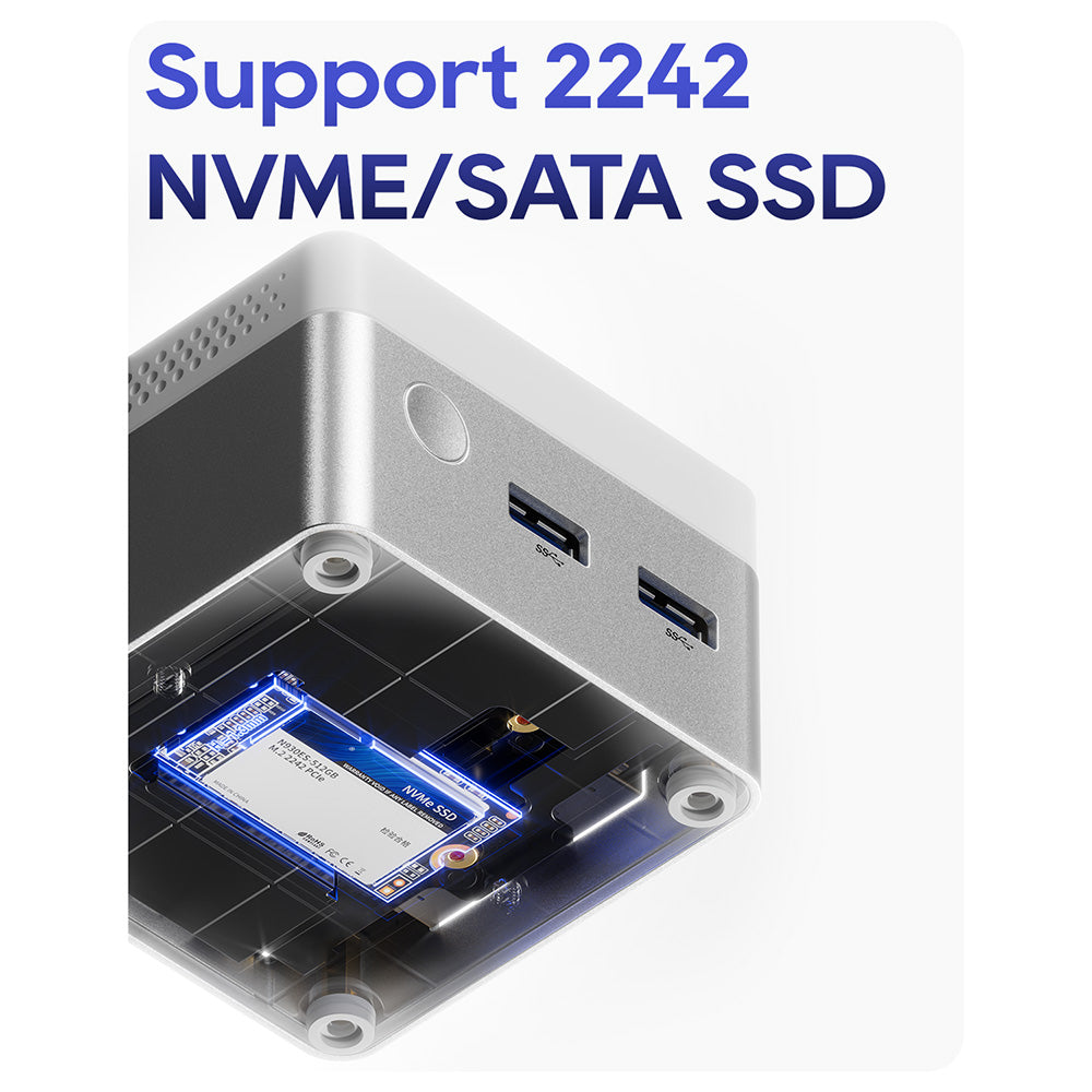 AOOSTAR T8 Mini PC (s bezplatnou dokovacou stanicou), Intel N100 4 jadrá, max. 3,4 GHz, 12 GB LPDDR5 RAM, 256 GB SSD, podpora displeja s dvoma obrazovkami 4K@60 Hz, dvojpásmové Wi-Fi, 1× plne funkčný port Type-C, 2× USB 3.0, 2× USB 2.0, 1× HDMI, 2× 1000 Mb/s LAN, 1× audio konektor, 35W GaN nabíjačka