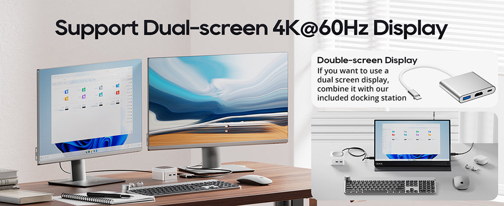 AOOSTAR T8 Mini PC (s bezplatnou dokovacou stanicou), Intel N100 4 jadrá, max. 3,4 GHz, 12 GB LPDDR5 RAM, 256 GB SSD, podpora displeja s dvoma obrazovkami 4K@60 Hz, dvojpásmové Wi-Fi, 1× plne funkčný port Type-C, 2× USB 3.0, 2× USB 2.0, 1× HDMI, 2× 1000 Mb/s LAN, 1× audio konektor, 35W GaN nabíjačka