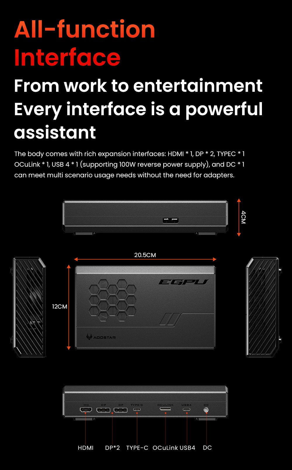 AOOSTAR XG76XT eGPU Dock s grafickou kartou AMD Radeon RX 7600MXT, 8GB GDDR6 RAM, 128bit, 1*USB 4.0, 1*Oculink, 1*HDMI, 2*DP, 1*Type-C, 100W reverzné nabíjanie - EU zástrčka