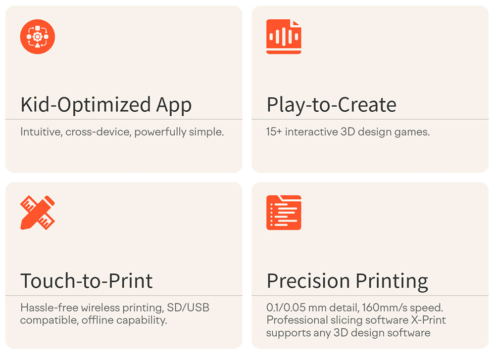 3D tlačiareň AOSEED X-MAKER pre deti a začiatočníkov, 120 - 300 mm/s, bez nutnosti vyrovnávania podložky, tlač cez Wi-Fi, ultra tichý chod, ovládanie cez aplikáciu, podporuje PLA/ABS filament, 150*150*150mm