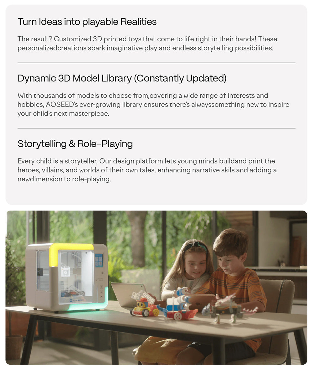 3D tlačiareň AOSEED X-MAKER pre deti a začiatočníkov, 120 - 300 mm/s, bez nutnosti vyrovnávania podložky, tlač cez Wi-Fi, ultra tichý chod, ovládanie cez aplikáciu, podporuje PLA/ABS filament, 150*150*150mm