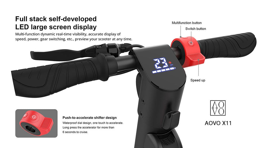 Elektromobilná kolobežka AOVO X11, 10-palcové pneumatiky, 450W motor, 36V 13Ah odnímateľná batéria, maximálna rýchlosť 35 km/h, dojazd 50 km - červená