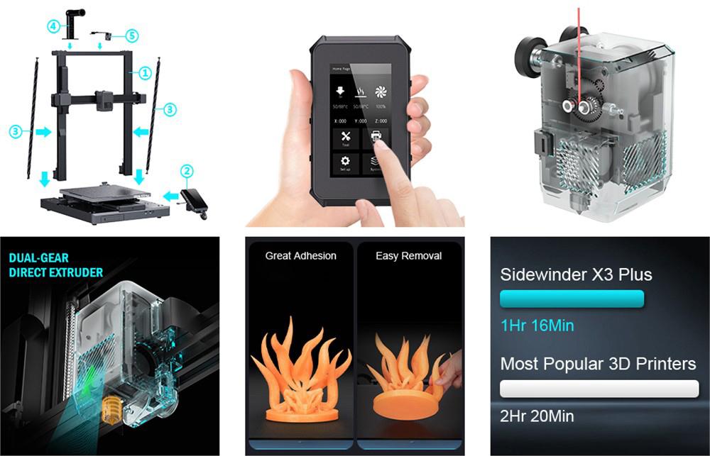 3D tlačiareň Artillery Sidewinder X3 Plus, automatické vyrovnanie, maximálna tlačová rýchlosť 300 mm/s, dvojzubcový priamy extrúder, automatické čistenie trysky, 32-bitová základná doska STM32, osvetlenie zhora, 300x300x400 mm