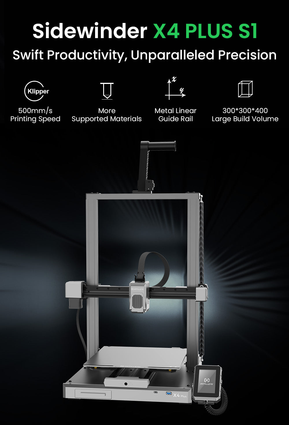 3D tlačiareň Artillery Sidewinder X4 Plus S1, 300*300*400mm, tlačová rýchlosť 500mm/s, tlač pri vysokej teplote 300℃, kovové lineárne vodidlá XY, automatické vyrovnanie, efektívne chladiace ventilátory 8000 ot/min