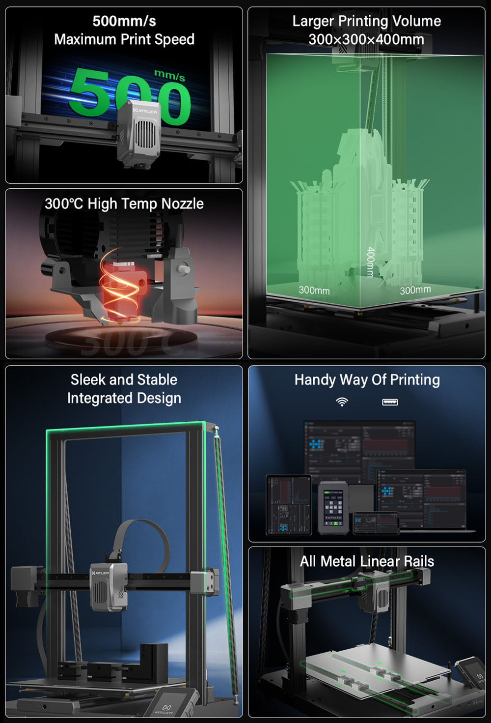 3D tlačiareň Artillery Sidewinder X4 Plus S1, 300*300*400mm, tlačová rýchlosť 500mm/s, tlač pri vysokej teplote 300℃, kovové lineárne vodidlá XY, automatické vyrovnanie, efektívne chladiace ventilátory 8000 ot/min