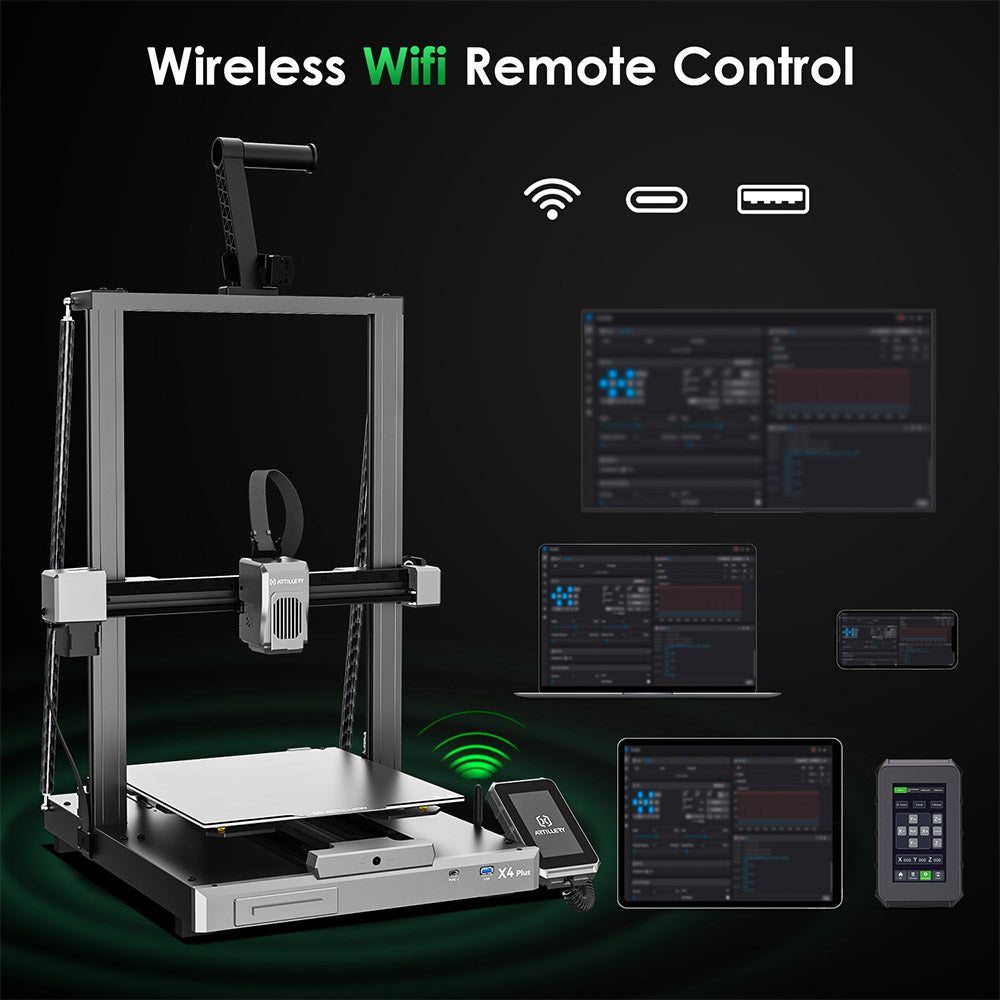 3D tlačiareň Artillery Sidewinder X4 Plus S1, 300*300*400mm, tlačová rýchlosť 500mm/s, tlač pri vysokej teplote 300℃, kovové lineárne vodidlá XY, automatické vyrovnanie, efektívne chladiace ventilátory 8000 ot/min
