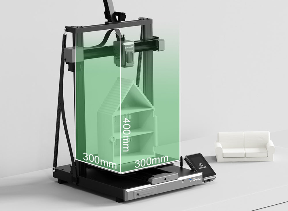 3D tlačiareň Artillery Sidewinder X4 Plus S1, 300*300*400mm, tlačová rýchlosť 500mm/s, tlač pri vysokej teplote 300℃, kovové lineárne vodidlá XY, automatické vyrovnanie, efektívne chladiace ventilátory 8000 ot/min