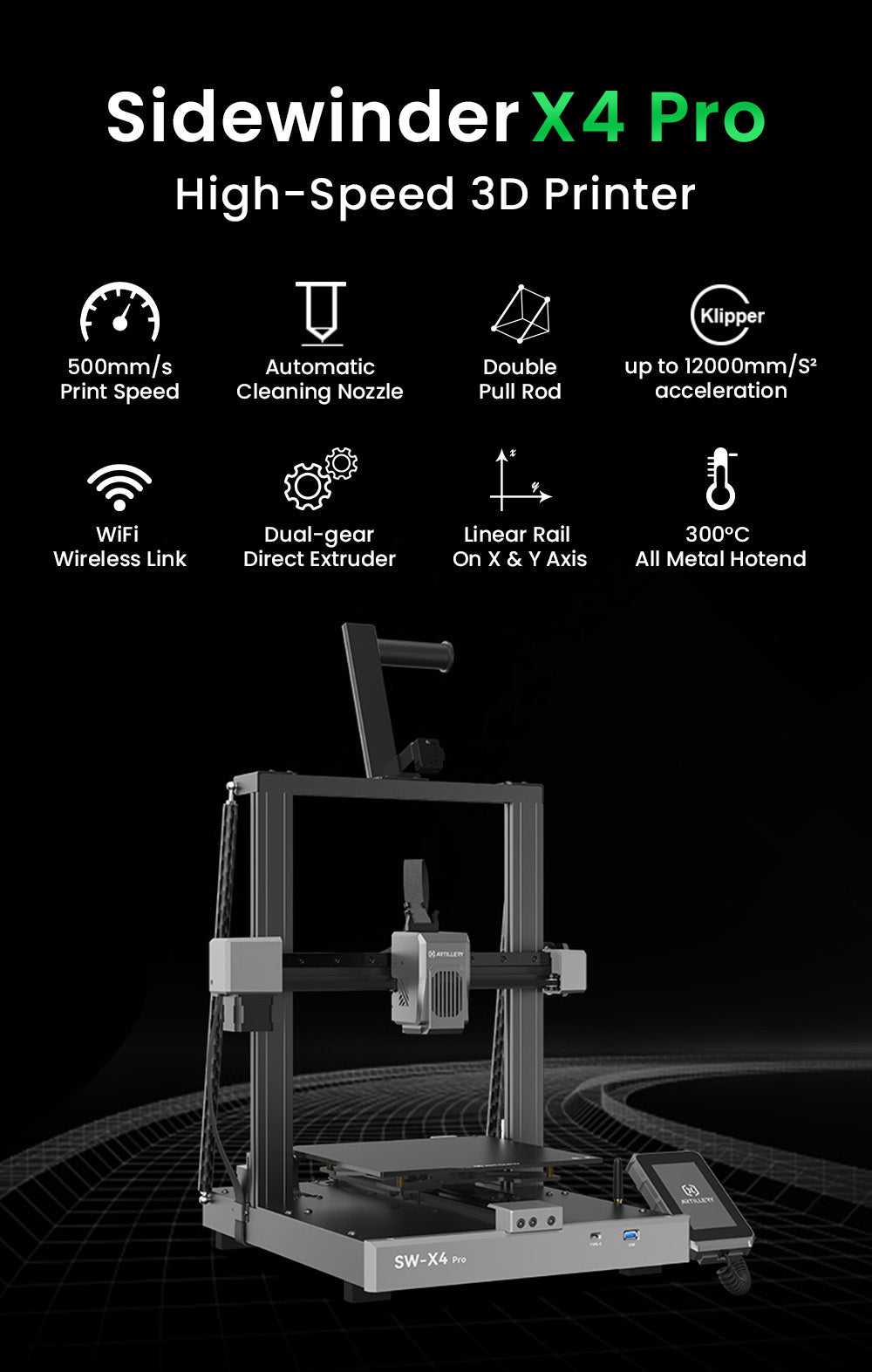 3D tlačiareň Artillery Sidewinder X4 Pro, 240*240*260 mm, tlačová rýchlosť 500 mm/s, lineárne vodidlá osí X a Y, priamy pohon extrudéra, automatické vyrovnanie s 81 bodmi, dvojité ťahové tyče, automatické čistenie trysky