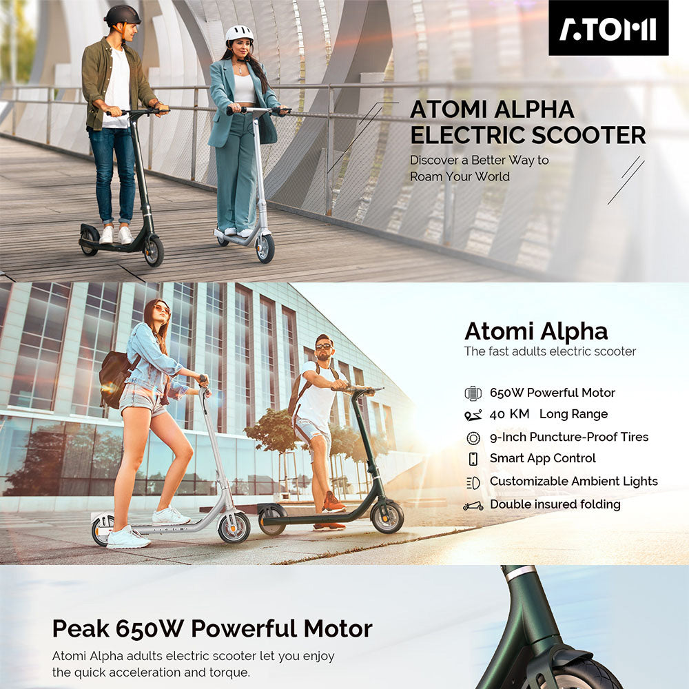Elektrokolobežka Atomi Alpha, 9-palcové pneumatiky, 650W motor, 36V 10Ah batéria s dojazdom 25 míľ, maximálna rýchlosť 25 km/h, maximálne zaťaženie 120 kg, ovládanie cez aplikáciu – biela