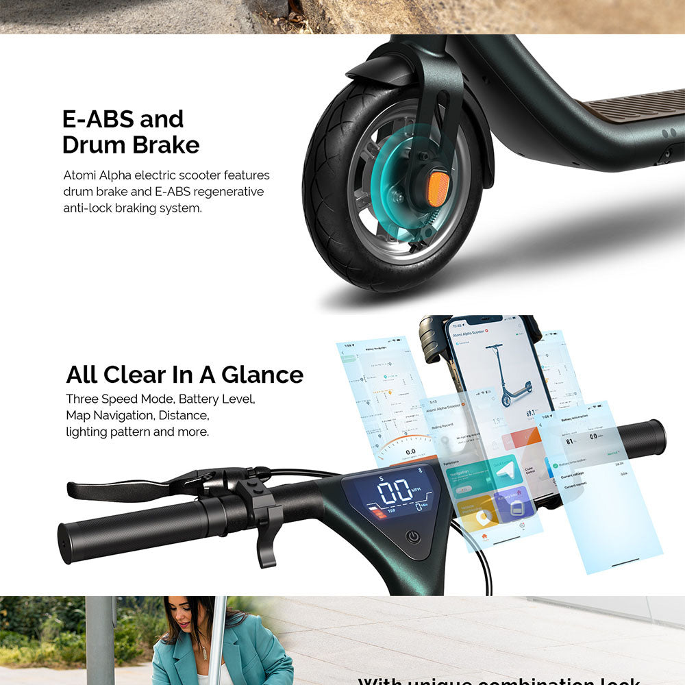 Elektrokolobežka Atomi Alpha, 9-palcové pneumatiky, 650W motor, 36V 10Ah batéria s dojazdom 25 míľ, maximálna rýchlosť 25 km/h, maximálne zaťaženie 120 kg, ovládanie cez aplikáciu – biela