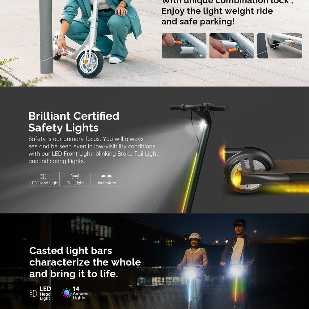 Elektrokolobežka Atomi Alpha, 9-palcové pneumatiky, 650W motor, 36V 10Ah batéria s dojazdom 25 míľ, maximálna rýchlosť 25 km/h, maximálne zaťaženie 120 kg, ovládanie cez aplikáciu – biela