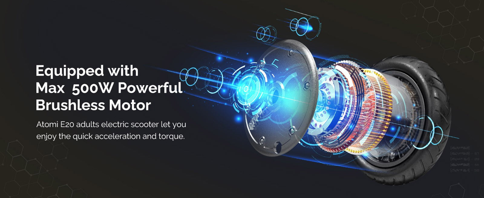 Elektromobil Atomi E20, 8,5 palcové nafukovacie kolesá, 250W motor (maximálny výkon 500W), 36V 7,5Ah batéria, dojazd 30 km, dvojité brzdy, nosnosť 120 kg.