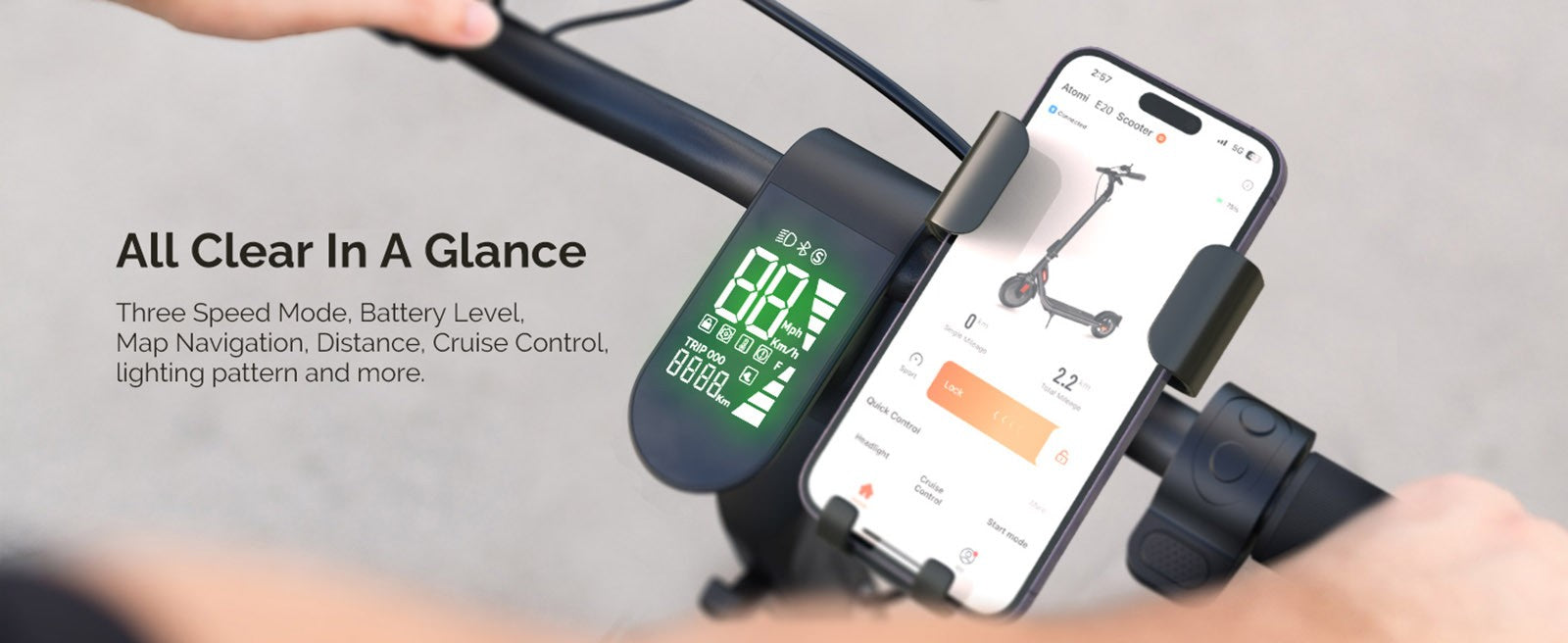 Elektromobil Atomi E20, 8,5 palcové nafukovacie kolesá, 250W motor (maximálny výkon 500W), 36V 7,5Ah batéria, dojazd 30 km, dvojité brzdy, nosnosť 120 kg.