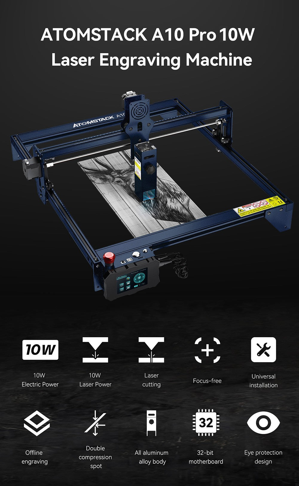 Laserový gravírovací a rezací stroj ATOMSTACK A10 Pro 10W, vysoká presnosť 0,01 mm, pevné zaostrenie, dvojité kompresné zaostrenie, 410*400 mm