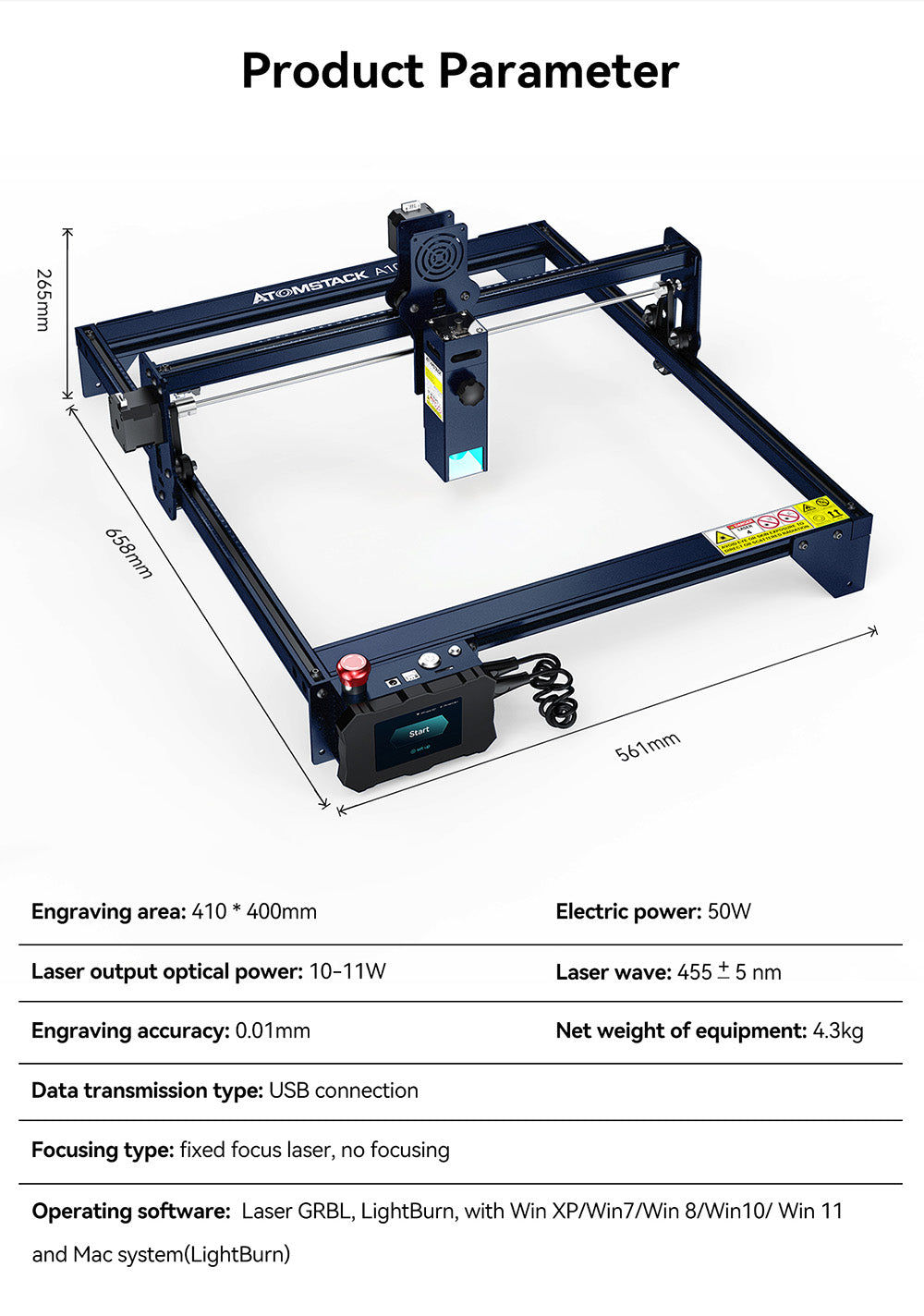 Laserový gravírovací a rezací stroj ATOMSTACK A10 Pro 10W, vysoká presnosť 0,01 mm, pevné zaostrenie, dvojité kompresné zaostrenie, 410*400 mm